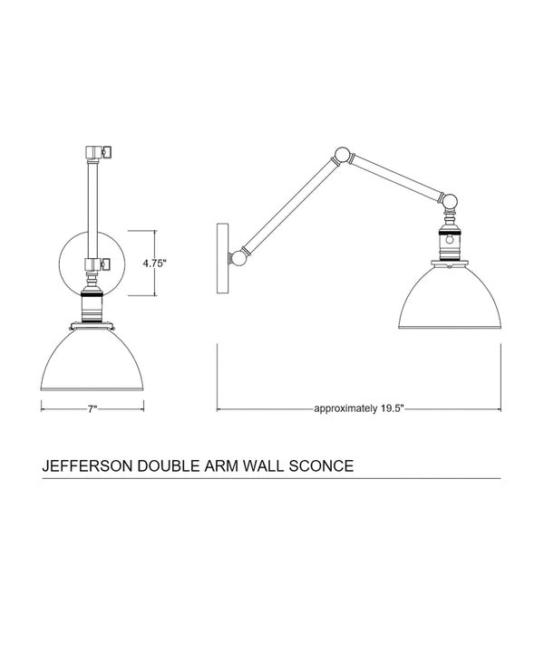 Jefferson Double Arm Wall Sconce with Black Enamel Shade, Polished Nickel