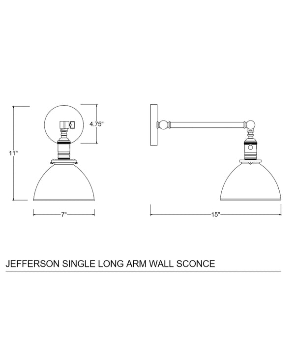 Jefferson Single Long Arm Wall Sconce with Black Enamel Shade, Polished Nickel