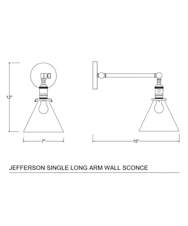 Jefferson Single Long Arm Wall Sconce with Tapered Clear Glass Shade, Bronze