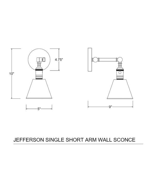 Jefferson Single Short Arm Wall Sconce, Antique Brass