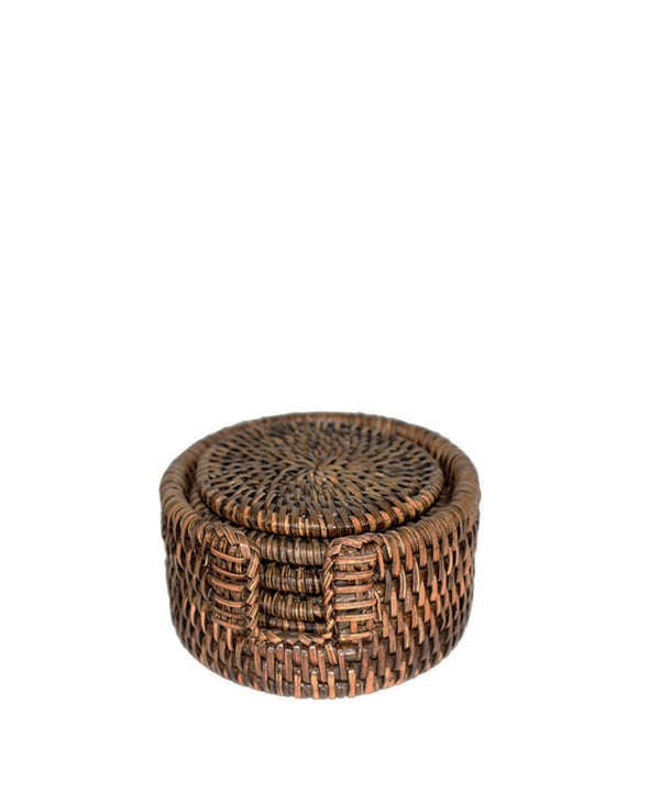 Set of 6 Woven Rattan Coasters in Antique Brown