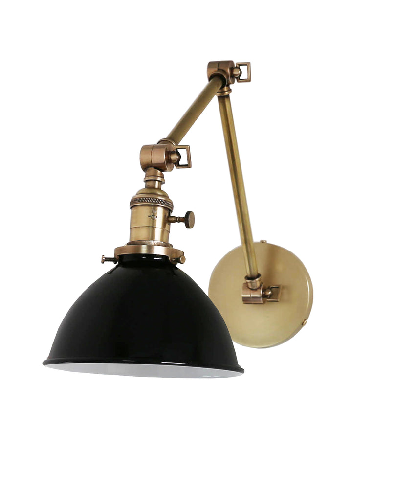 Jefferson Double Arm Wall Sconce with Black Enamel Shade, Antique Brass
