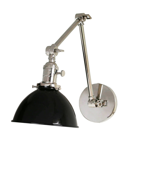 Jefferson Double Arm Wall Sconce with Black Enamel Shade, Polished Nickel