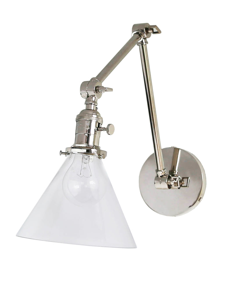 Jefferson Double Arm Wall Sconce with Tapered Clear Glass Shade, Polished Nickel