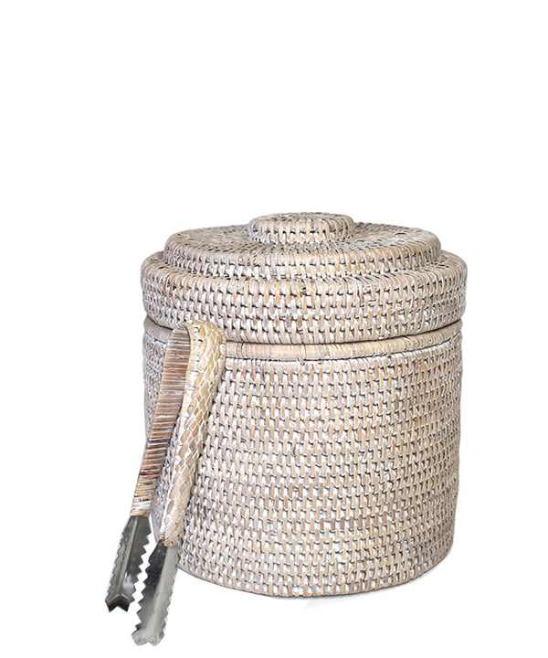 Woven Rattan Ice Bucket with Tongs, White Wash