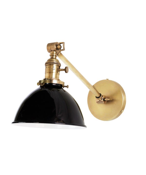 Jefferson Single Long Arm Wall Sconce with Black Enamel Shade, Antique Brass