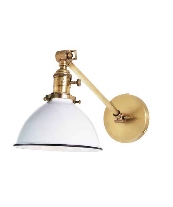 Jefferson Single Long Arm Wall Sconce with White Enamel Shade, Antique Brass
