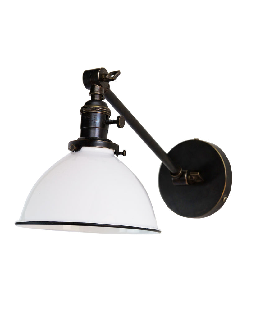 Jefferson Single Long Arm Wall Sconce with White Enamel Shade, Bronze