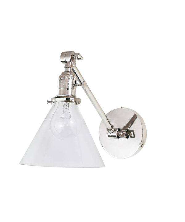 Jefferson Single Long Arm Wall Sconce with Tapered Clear Glass Shade, Polished Nickel
