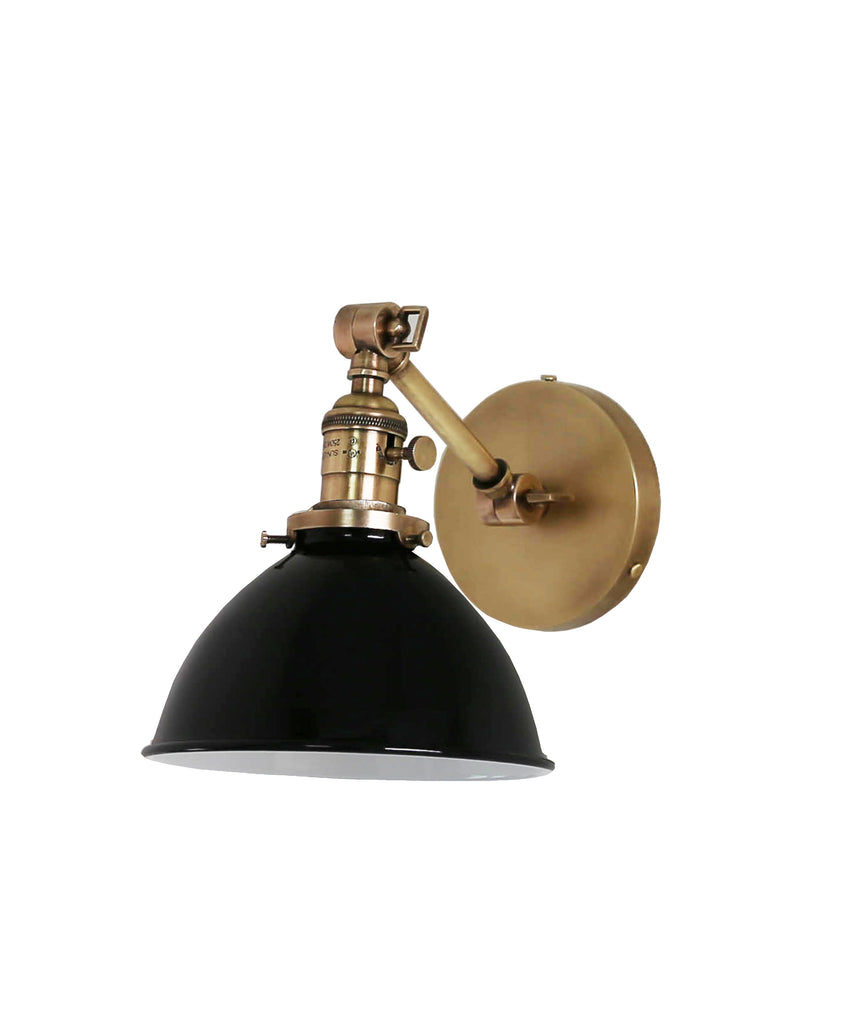 Jefferson Single Short Arm Wall Sconce with Black Enamel Shade, Antique Brass