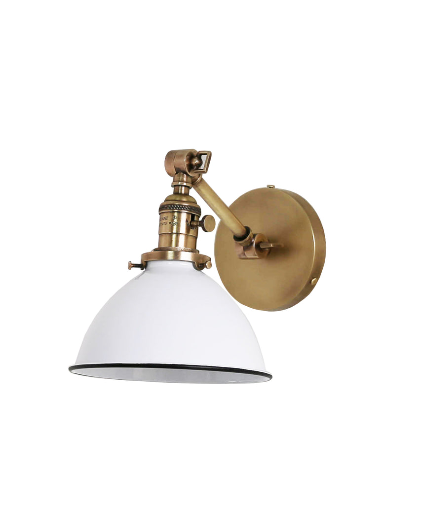 Jefferson Single Short Arm Wall Sconce with White Enamel Shade, Antique Brass