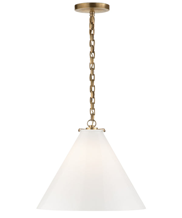 Large Katie Conical Pendant, White Glass with Antique Brass