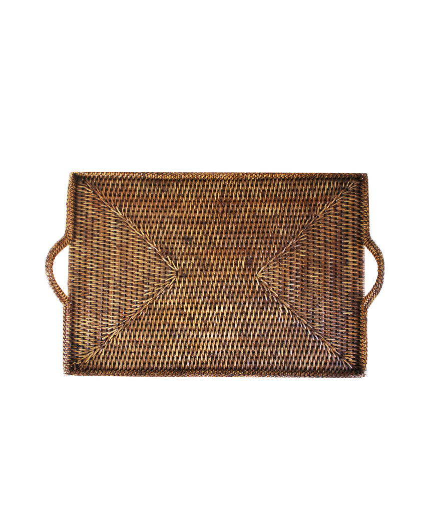 Woven Rectangular Serving Tray with Handles, Antique Brown