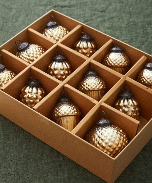 Vintage Style Gold Glass Ornaments, Set of 12