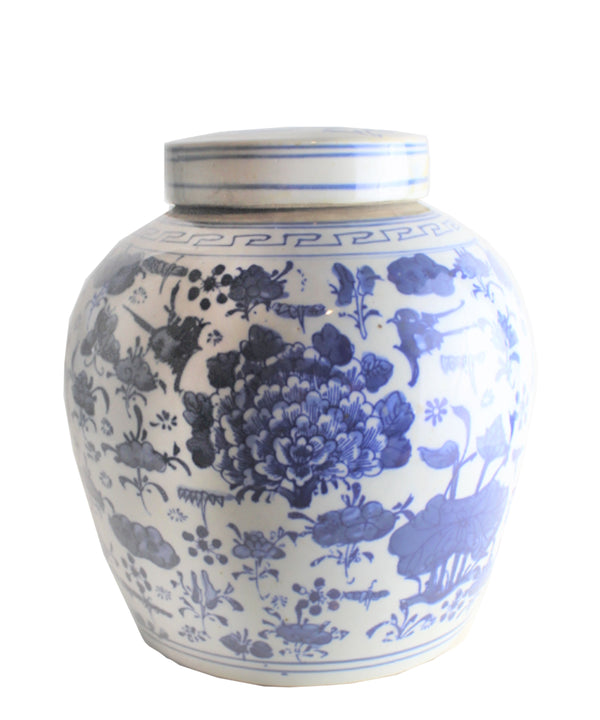 Blue & White Ginger Jar, 10" Lotus