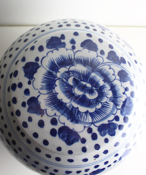 Blue & White Ginger Jar, 10" Flowers & Dots