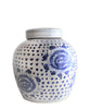 Blue & White Ginger Jar, 10" Flowers & Dots