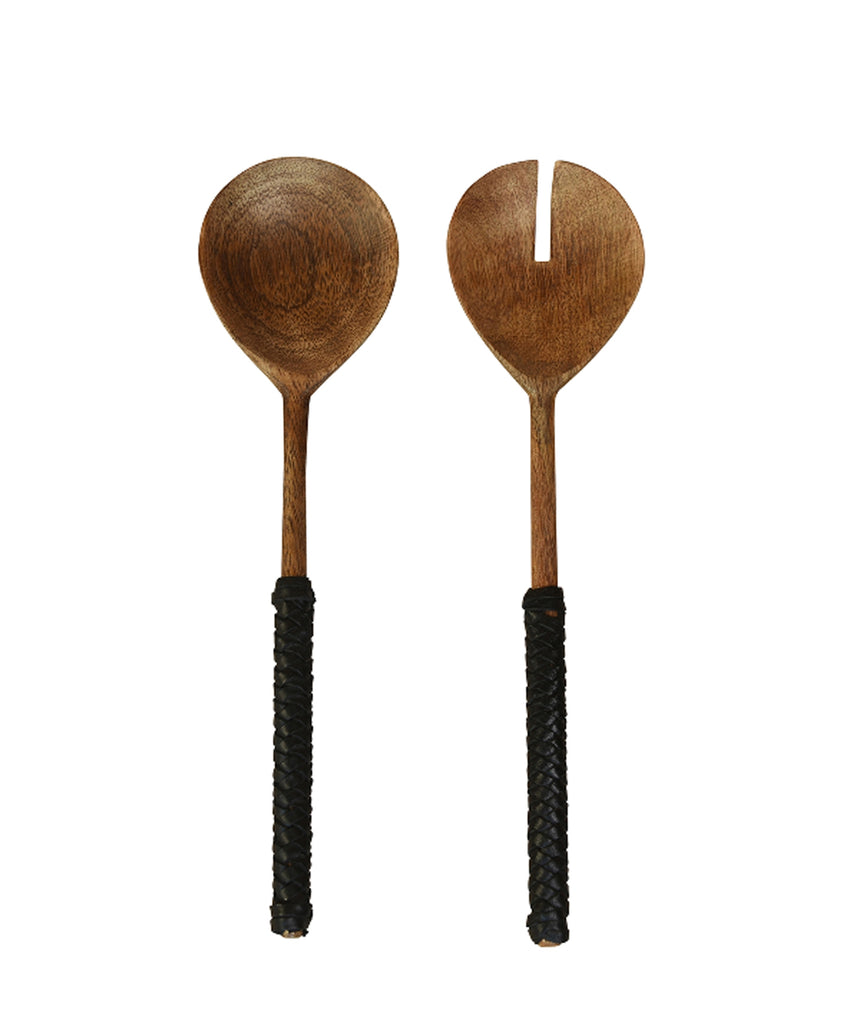 Barton Leather Wrapped Serving Set, Teak & Black Leather