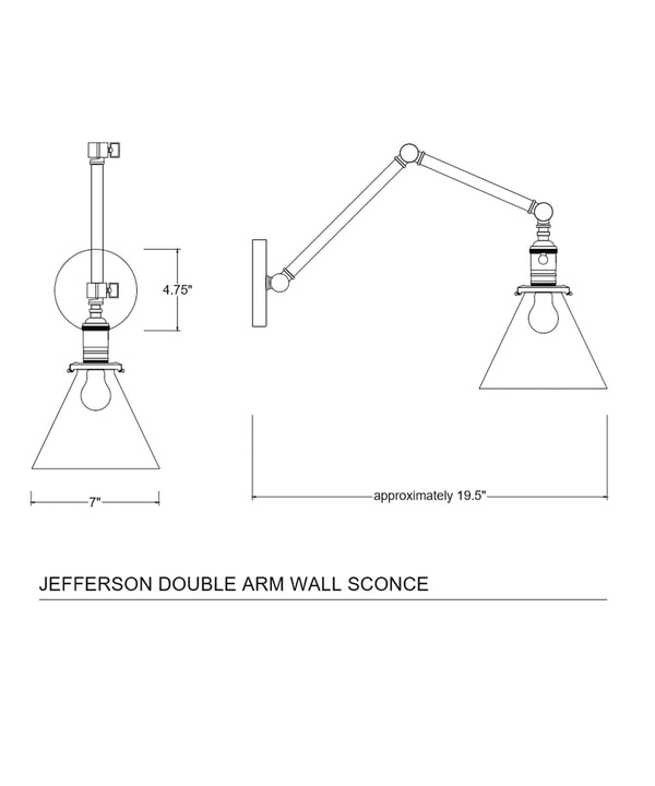 Jefferson Double Arm Wall Sconce with Tapered Clear Glass Shade, Polished Nickel