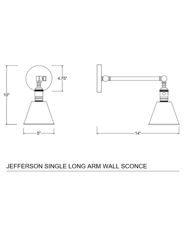 Jefferson Single Long Arm Wall Sconce, Antique Brass