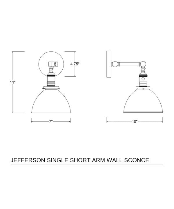 Jefferson Single Short Arm Wall Sconce with Black Enamel Shade, Polished Nickel
