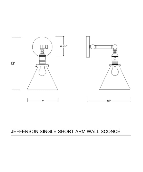 Jefferson Single Short Arm Wall Sconce with Tapered Clear Glass Shade, Antique Brass