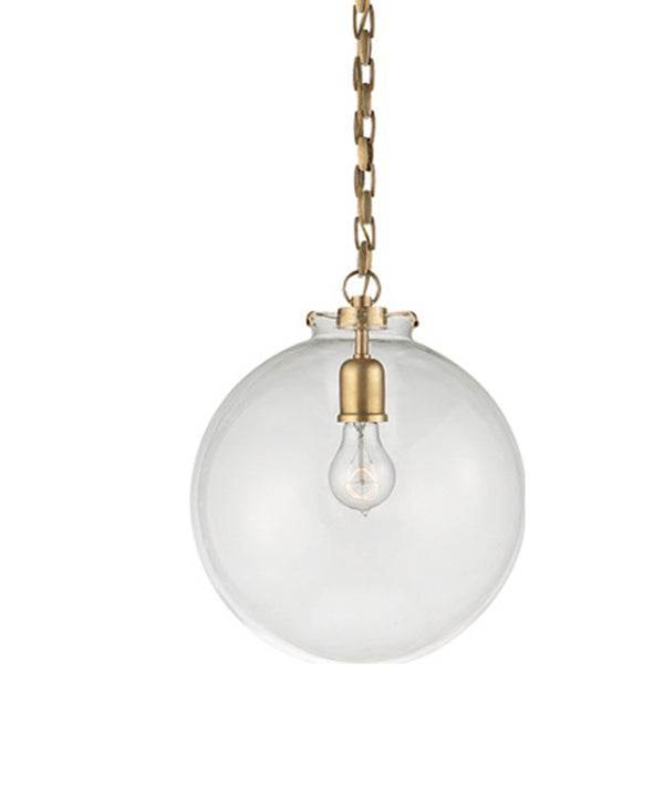 Large Katie Globe Pendant, Clear Glass with Antique Brass