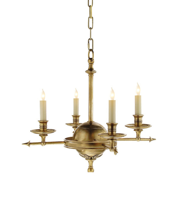 Small Arrow and Leaf Chandelier, Antique Brass