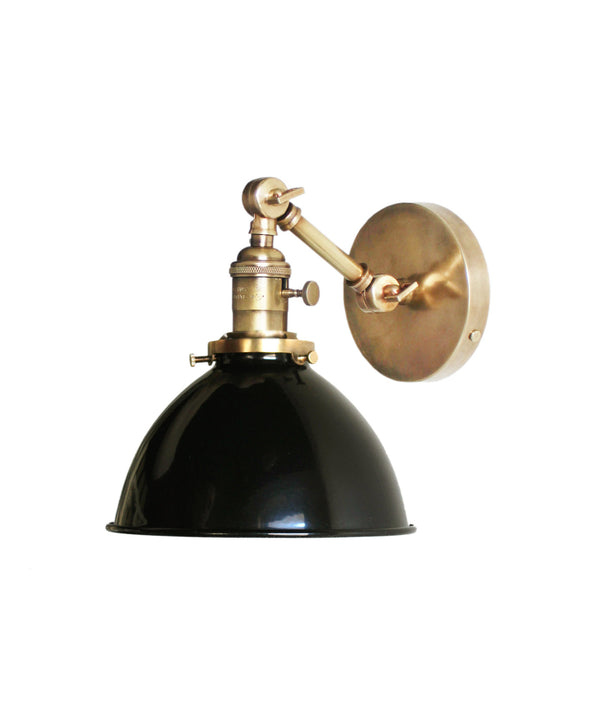Jefferson Single Short Arm Wall Sconce with Black Enamel Shade, Antique Brass