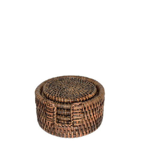 Set of 6 Woven Rattan Coasters in Antique Brown