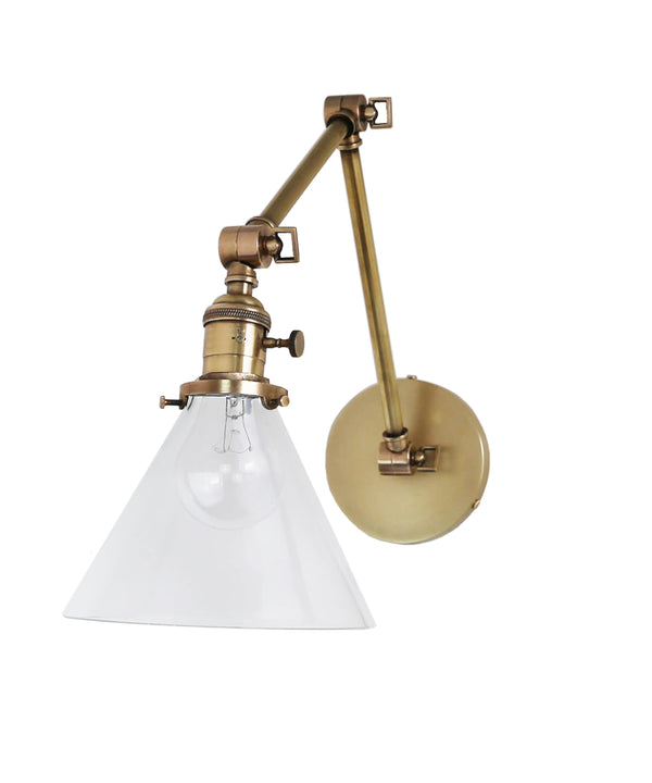 Jefferson Double Arm Wall Sconce with Tapered Clear Glass Shade, Antique Brass