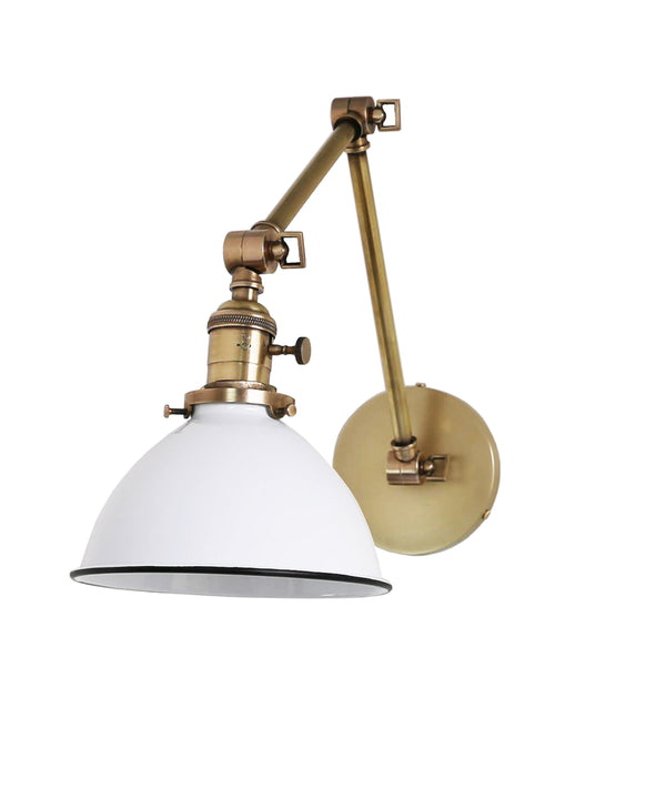 Jefferson Double Arm Wall Sconce with White Enamel Shade, Antique Brass
