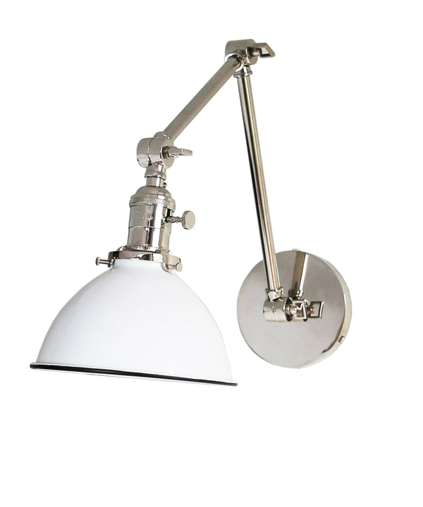Jefferson Double Arm Wall Sconce with White Enamel Shade, Polished Nickel