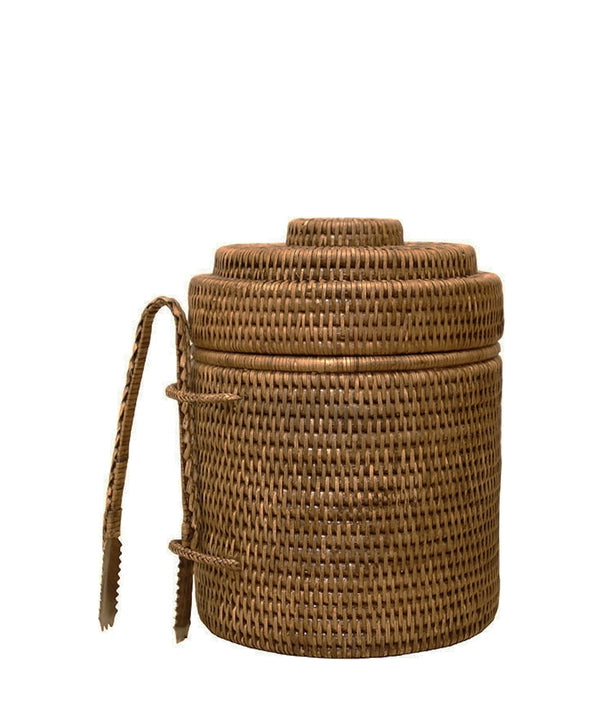 Woven Rattan Ice Bucket with Tongs, Antique Brown