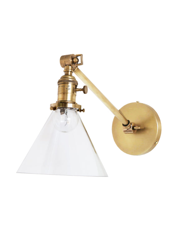 Jefferson Single Long Arm Wall Sconce with Tapered Clear Glass Shade, Antique Brass