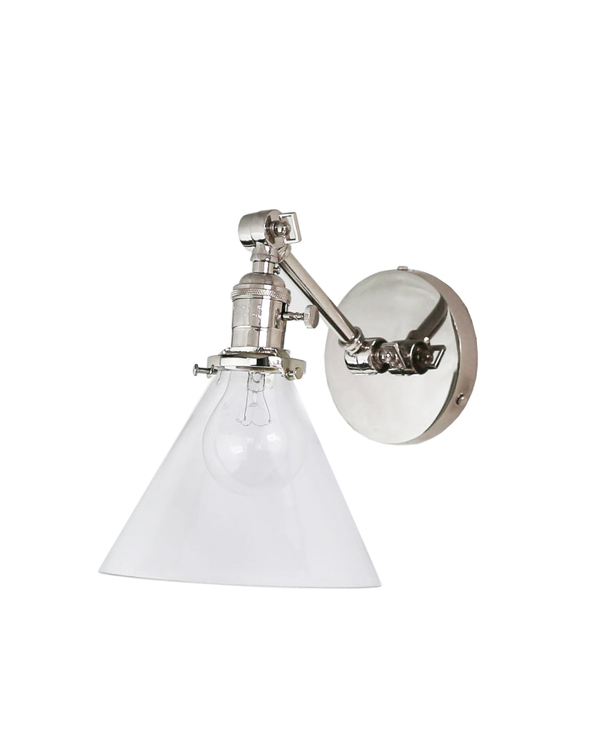 Jefferson Single Short Arm Wall Sconce with Tapered Clear Glass Shade, Polished Nickel