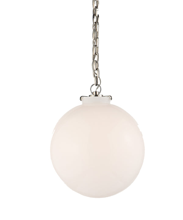 Large Katie Globe Pendant, White Glass with Polished Nickel