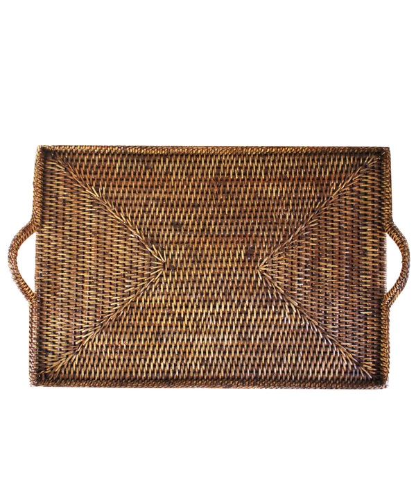 Woven Rectangular Serving Tray with Handles, Antique Brown