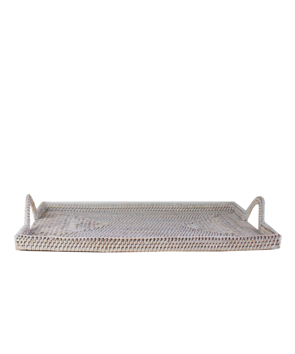 Woven Rectangular Serving Tray with Handles, White Wash