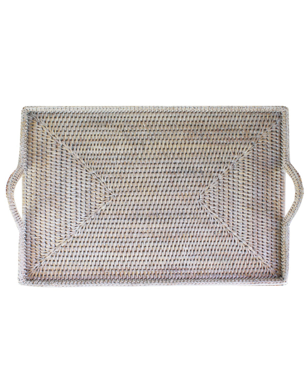 Woven Rectangular Serving Tray with Handles, White Wash